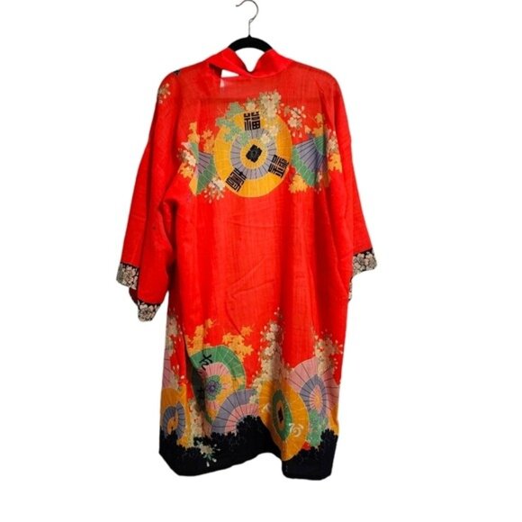 ANTIQUE 1930's‎ Japanese Kimono Yuzen Zome floral Wagasa print in red 30's - Picture 3 of 16